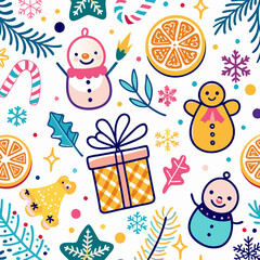 Fototapeta premium Festive Christmas seamless pattern with snowmen, gifts, and candy canes.