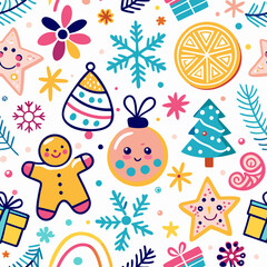 Fototapeta premium Cheerful Christmas seamless pattern with cute ornaments, snowflakes, and gingerbread men.