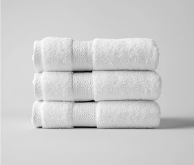 Stack of three white, fluffy bath towels on a neutral background.