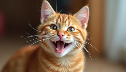 Ginger kitty smiling with a funny expression, Red background complements the pet's features.