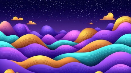 A glowing cosmic valley featuring radiant neon waves in shades of purple, turquoise, and gold flowing over a misty, surreal terrain under a deep indigo sky filled with shimmering stars 