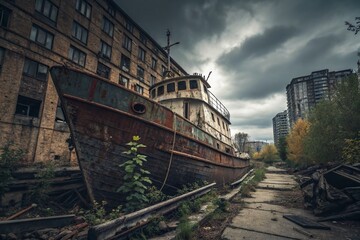 Fototapeta premium Abandoned Barco: Decaying Shipwreck in Urban Decay, Rusting Metal, Weathered Wood