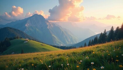 Softly glowing clouds above a serene mountain meadow, clouds, serene