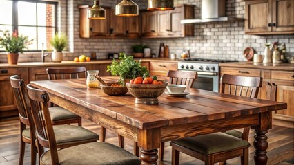 Traditional Indian wooden dining table centerpiece in a rustic kitchen setting with warm earthy tones and natural wood grain , indian cuisine, rustic wooden dining table