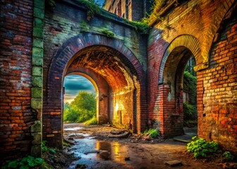 Naklejka premium Abandoned Brick Archway Urban Exploration Photography - Decaying Industrial Structure