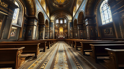 Obraz premium Historic church interior with intricate murals and wooden pews creating reverence : Generative AI