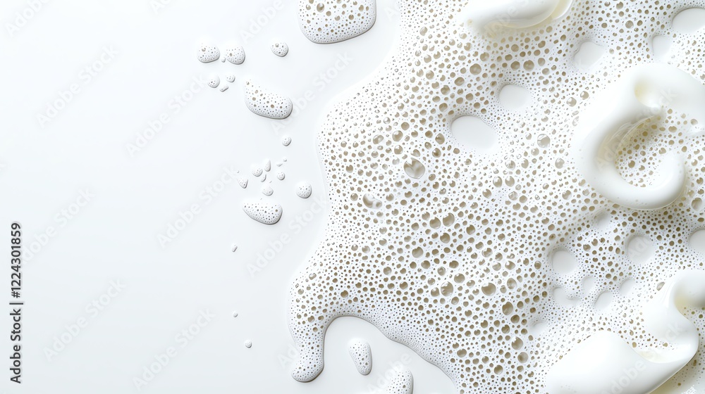 Poster close-up of frothy milk bubbles on a smooth white background, showcasing texture and freshness in a 