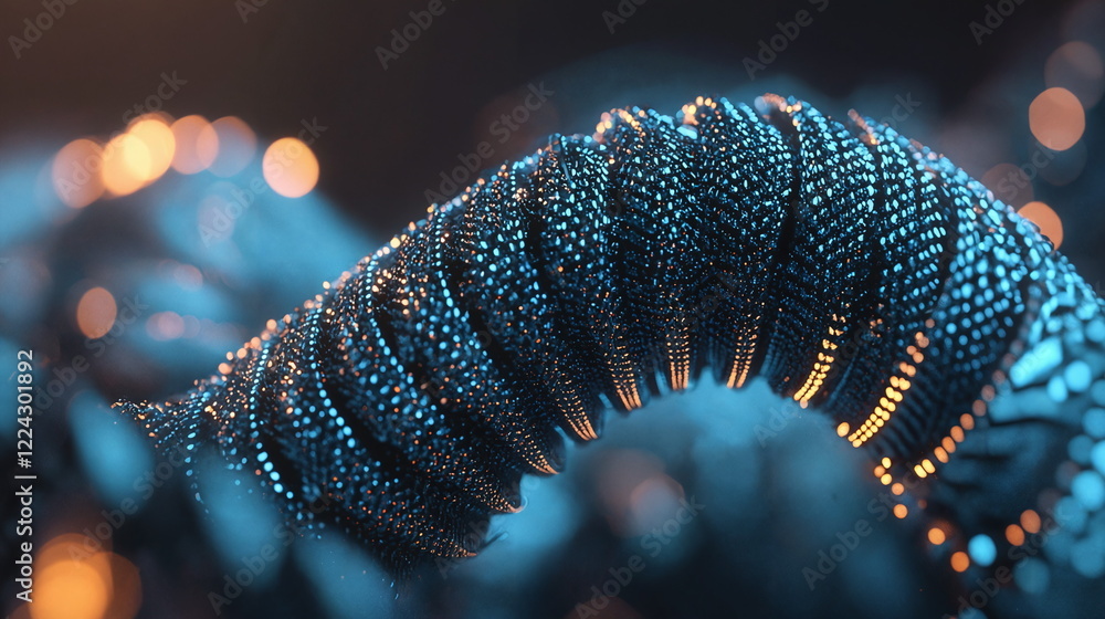 Poster shimmering blue and orange metallic abstract wave shape twisting in a fluid motion with intricate te