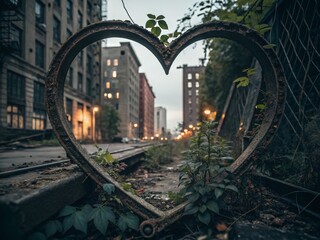 Fototapeta premium Abandoned Building Valentine's Day Heart Frame Urban Exploration Photography