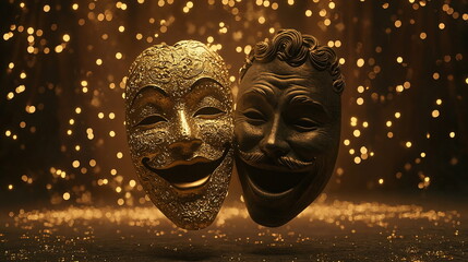 Golden and black theatrical masks with joyful expressions surrounded by shimmering golden lights creating a festive and dramatic atmosphere in the background.