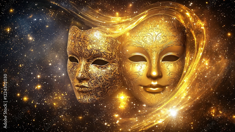 Poster glittering golden masks with intricate designs against a cosmic backdrop filled with stars and swirl