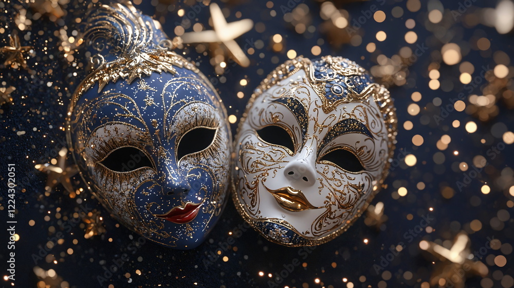 Poster elegant decorative masks with intricate designs and shimmering details surrounded by golden sparklin