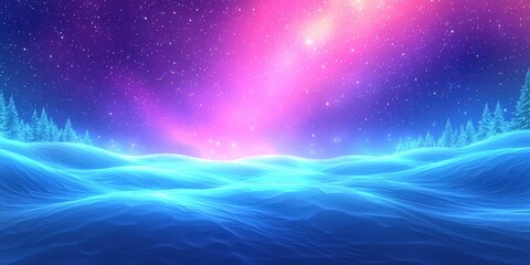 Obraz premium A magical snowfield glowing with pastel light waves flowing gently over smooth snowy terrain under a vibrant aurora sky. The serene scene is framed by distant evergreens and a crisp, cold ambiance 