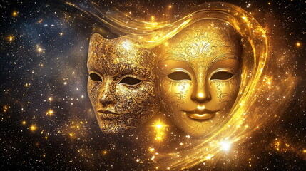 Glittering golden masks with intricate designs against a cosmic backdrop filled with stars and swirling lights creating a mystical and enchanting atmosphere.