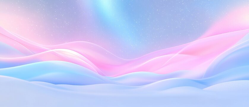 A magical snowfield glowing with soft pastel light gradients in shades of pink and blue, gently flowing over smooth snowdrifts under a crisp, starry winter sky illuminated by a vibrant aurora 
