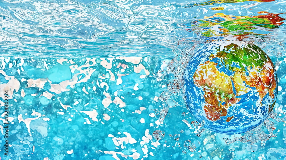 Poster vibrant globe submerged in clear water creating dynamic splashes and ripples, showcasing a colorful 