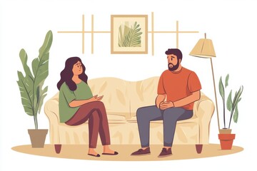 Real Apology at Home: Indian Woman Calming Offended Man, Offering Support on Sofa.