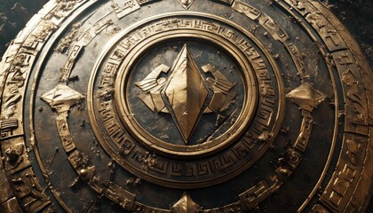 Obraz premium Ancient Shield With Intricate Gold Details and Central Geometric Symbol Design