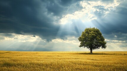 Serene landscape featuring a solitary tree under dramatic clouds with sun rays illuminating a golden field