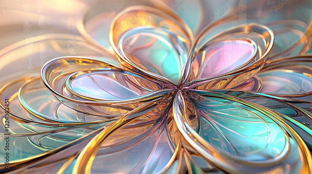 Poster vibrant abstract flower design with swirling metallic lines in shades of blue, orange, and pink, cre