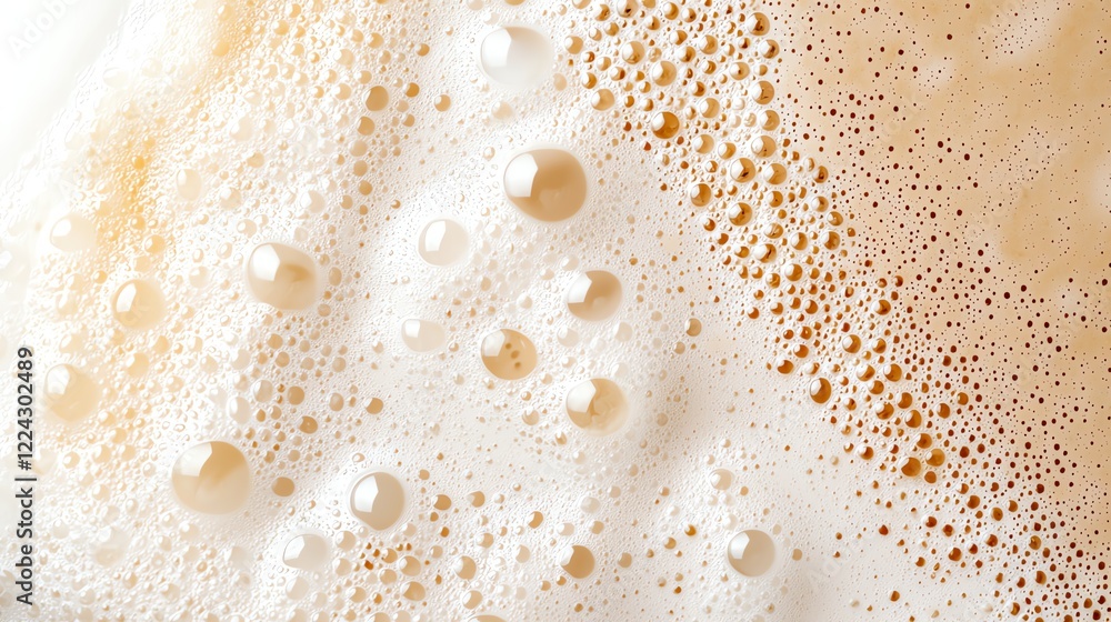 Poster close-up of frothy beverage surface with bubbles, showcasing texture and foam detail in a refreshing