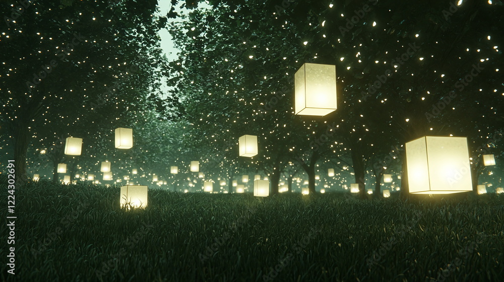 Poster fairy lights floating in a serene forest with illuminated lanterns glowing among lush greenery and t