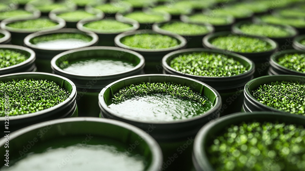 Poster green containers filled with vibrant green grass or artificial turf arranged in neat rows creating a