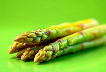 Close-up of fresh, vibrant green asparagus spears with glistening oil droplets, set against a bright green background.  The image evokes feelings of health, freshness, and deliciousness, perfect for r