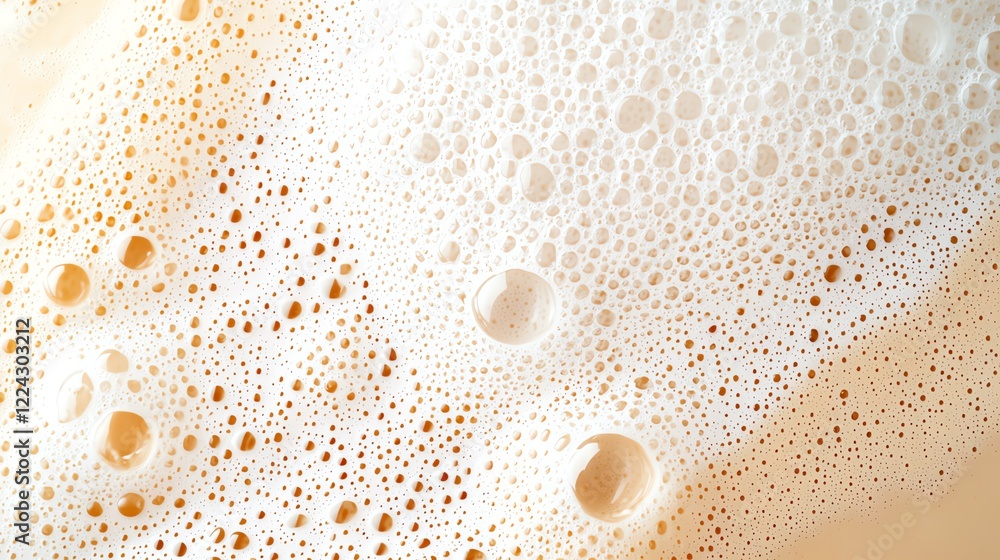 Poster close-up view of frothy bubbles forming on the surface of a creamy liquid, creating an intricate tex