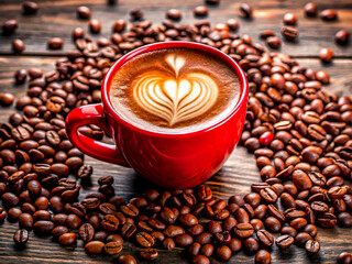 Tasty red mug with heart-shaped latte art with coffee beans. Delicious Food background