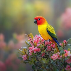Sun parakeet perched on pink flowers.