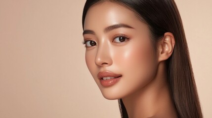 Naklejka premium In a softly lit space, a striking Asian model with long straight hair exhibits a graceful expression, highlighting her flawless complexion and natural radiance