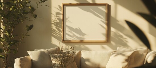 A sunlit interior scene with a blank picture frame hanging above a cozy sofa and plant shadows