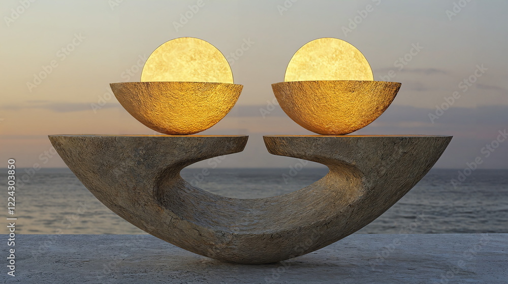 Poster sculpture with two glowing spheres balanced on a curved stone base against a sunset ocean background