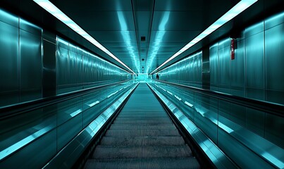 Obraz premium Empty moving walkway in futuristic blue lit tunnel
