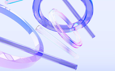 Abstract holographic 3d background with glass transparent circular rings and tubes render. Iridescent crystal light geometric pattern. Fashion banner with floating gradient figures. 3D illustration