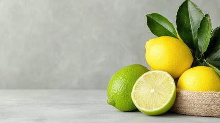 Fresh lemons and limes on burlap, gray background; healthy food photography for recipe websites