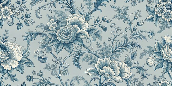 Elegant, timeless, vintage French floral toile de Jouy blue pattern featuring intricate scrollwork and classic motifs on a soft blue background, patterns, vintage