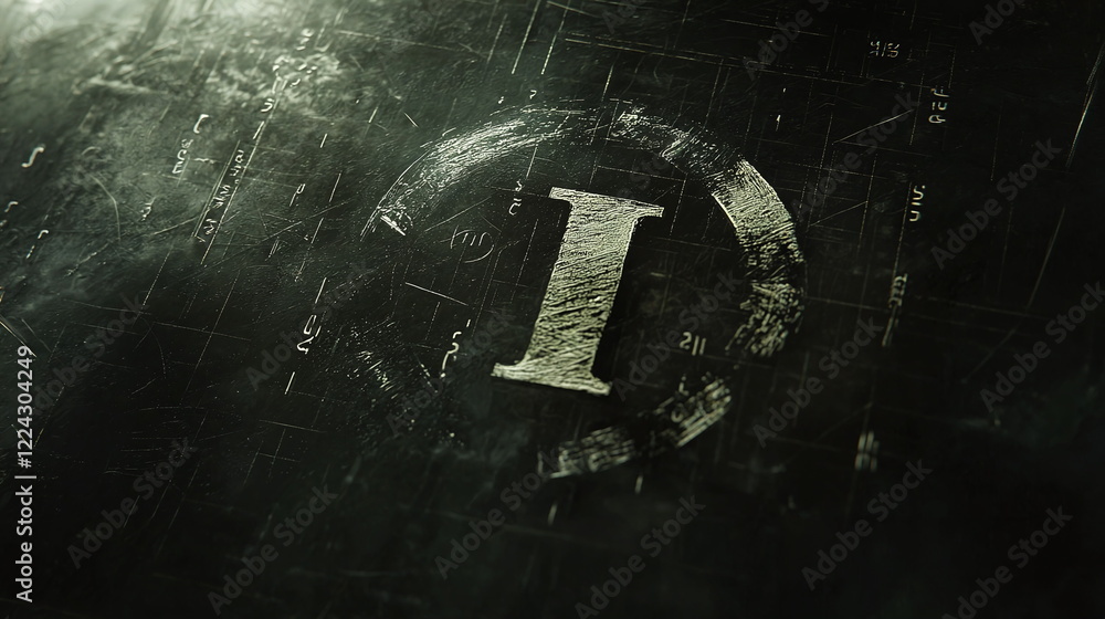Poster intricate design featuring a textured dark background with a prominent embossed letter i creating a 