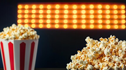 A bucket of popcorn next to scattered popcorn kernels, set against a dramatic backdrop of bright, glowing lights.