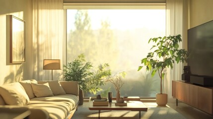 Fototapeta premium Sunlit serene living room showcasing a minimalist aesthetic with a large window view and warm lighting