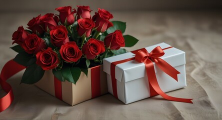 Long-stemmed red roses elegantly arranged beside a gift box, beautifully tied with a red satin ribbon. 