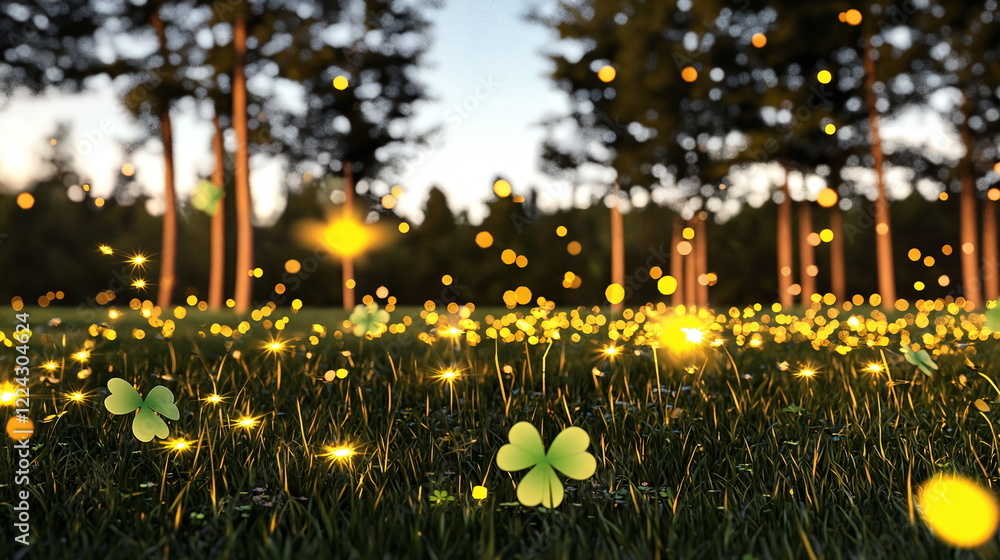 Poster lush green grass illuminated by floating fireflies at dusk surrounded by trees with a magical atmosp