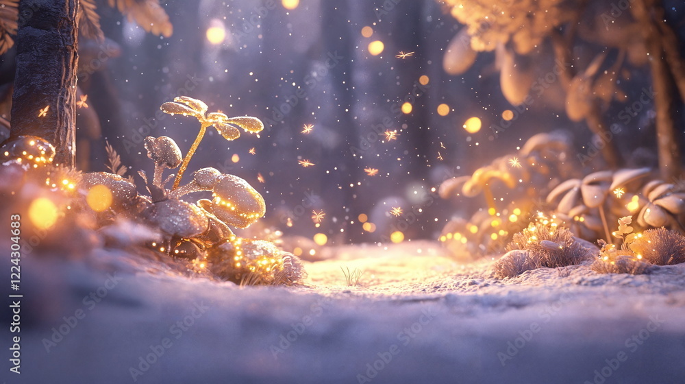 Poster sparkling pathway through enchanted forest with glowing mushrooms and delicate flowers surrounded by