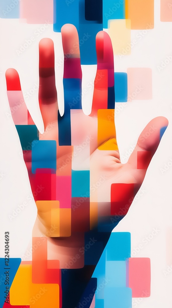 Poster hand reaching out through colorful geometric patterns showcasing creativity and expression in an abs