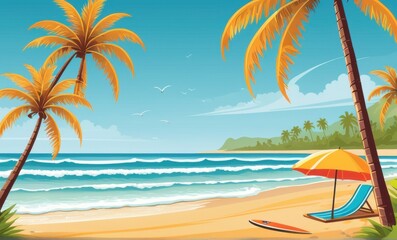 Pixel Art Tropical Beach Sunny Ocean, Palm Trees, and Relaxing Scene