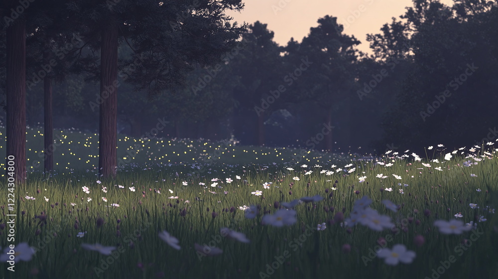 Poster vibrant wildflower field under a clear sky with soft sunlight filtering through the trees, creating 
