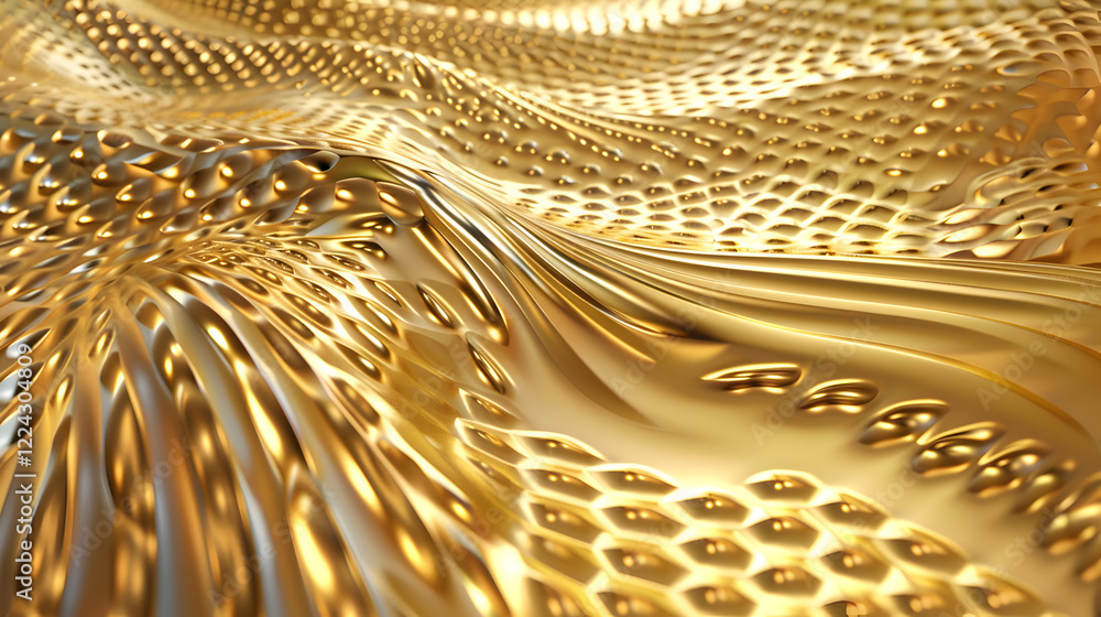 Poster a textured, golden surface with waves and dimples, creating a dynamic visual effect.