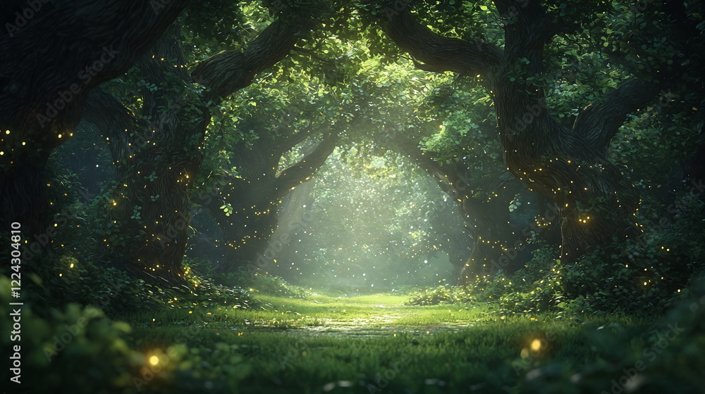 Poster gentle sunlight filtering through lush green trees in a mystical forest setting with sparkling firef