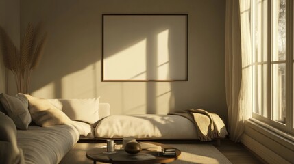 Warm sunlight illuminates a modern living room with a blank picture frame and sofa